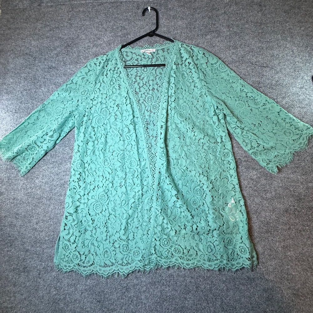 Isaac Mizrahi Live Women Green Floral Lace Open Front Cardigan Bell Sleeve M